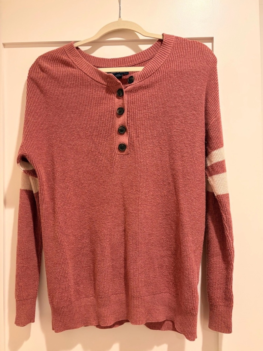 American Eagle Outfitters Rose Knit Henley with Contrast Sleeve Stripes